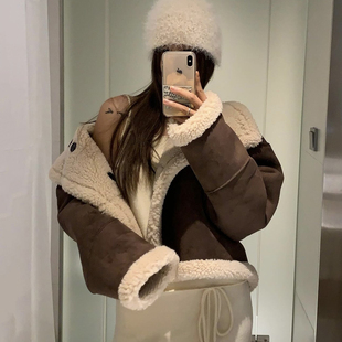 韩国东大门两面穿仿鹿皮绒加厚保暖羊羔毛外套女皮毛一体机车服