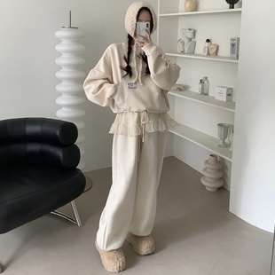 韩国东大门时尚圆领宽松抽绳加绒卫衣拼接网纱半裙休闲卫裤女套装