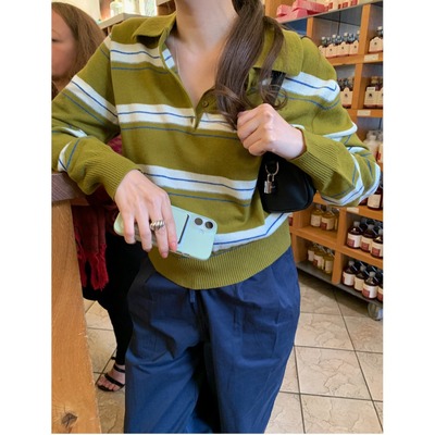 韩国polo领宽松条纹针织衫