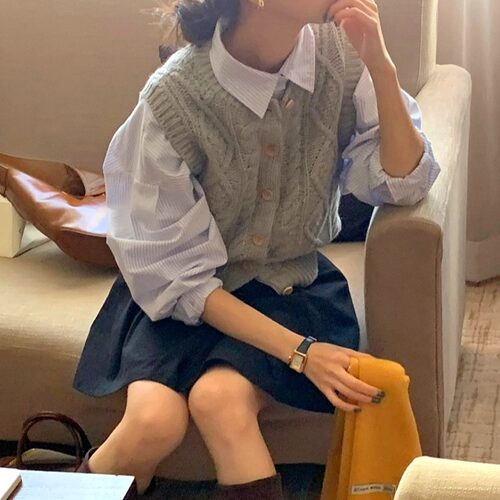 韩国条纹衬衫麻花针织马甲套装