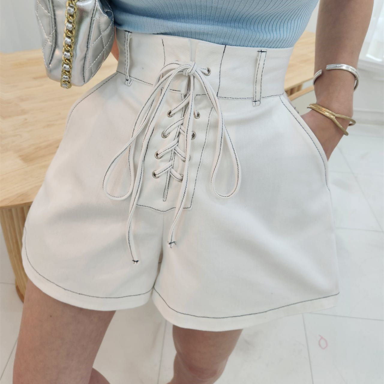 韩国东大门气质高腰简约百搭明线交叉系带设计阔腿牛仔裤短裤女