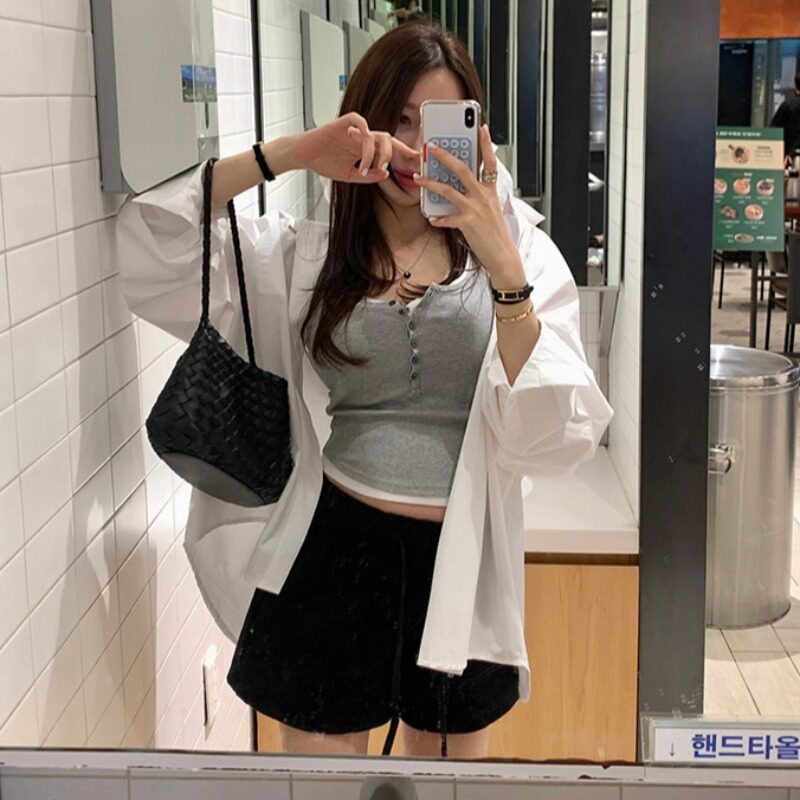 韩国东大门简约风纯色宽松小翻领背后开叉长袖白衬衫女防晒衬衣