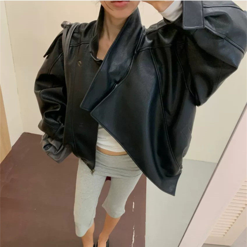韩国立领pu皮衣机车服夹克
