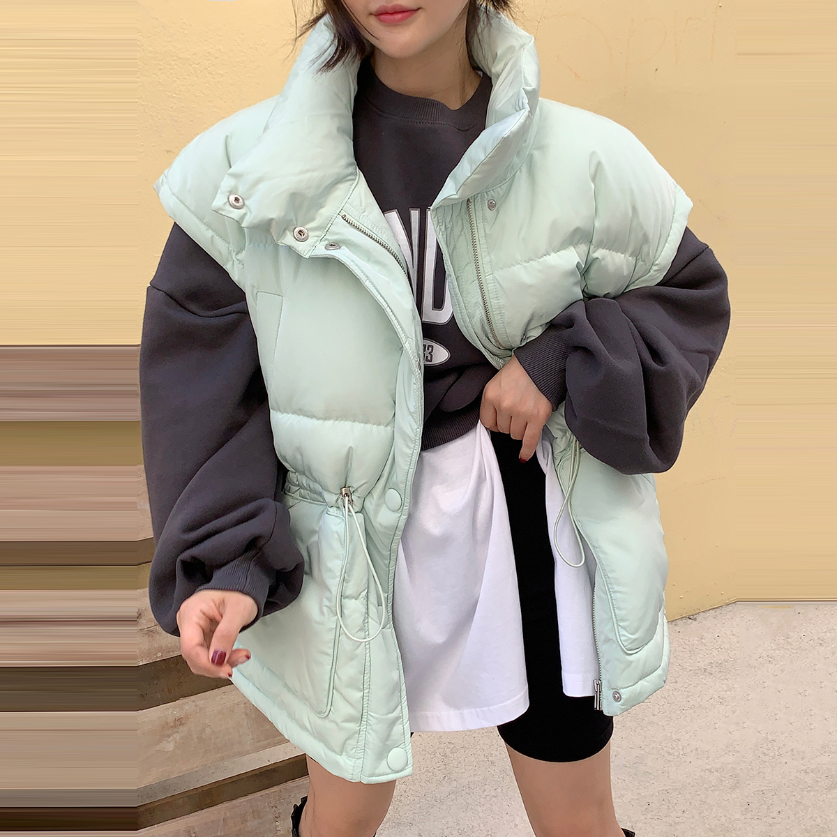 韩国收腰抽绳棉服马甲背心面包服