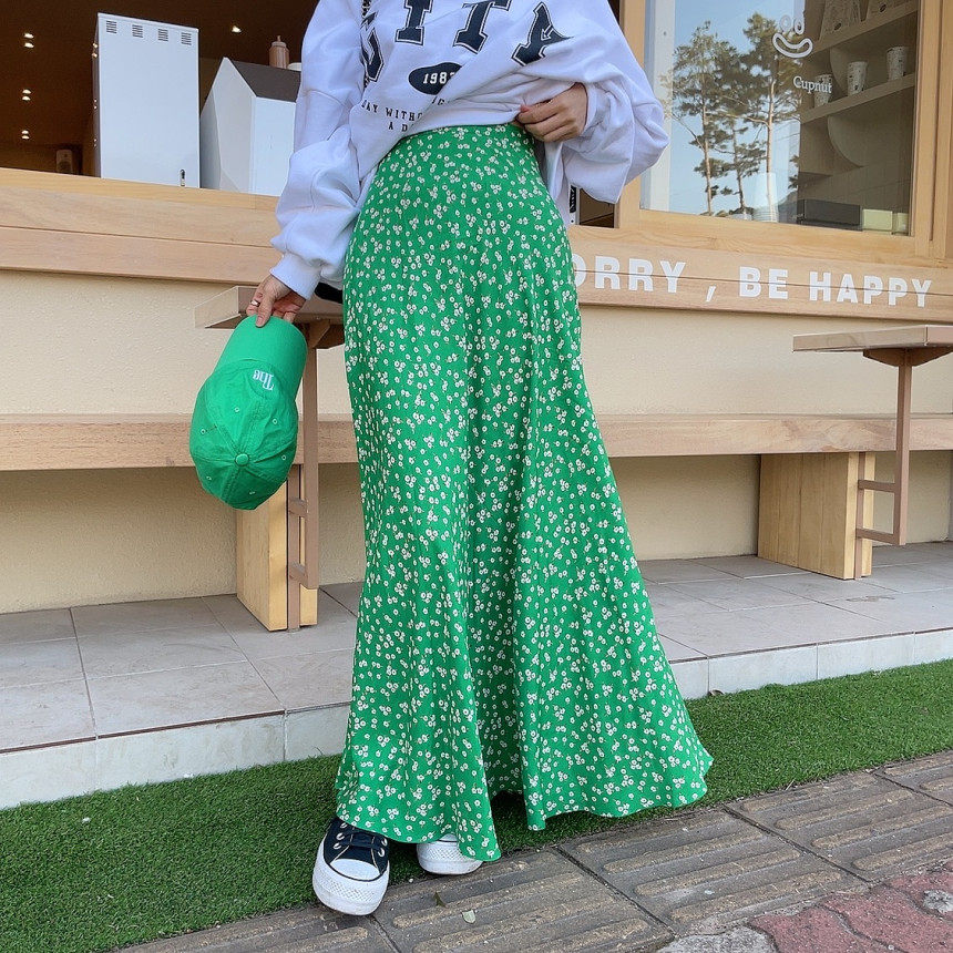 韩国东大门2025夏新款松紧高腰显瘦小碎花a字雪纺半身裙鱼尾长裙