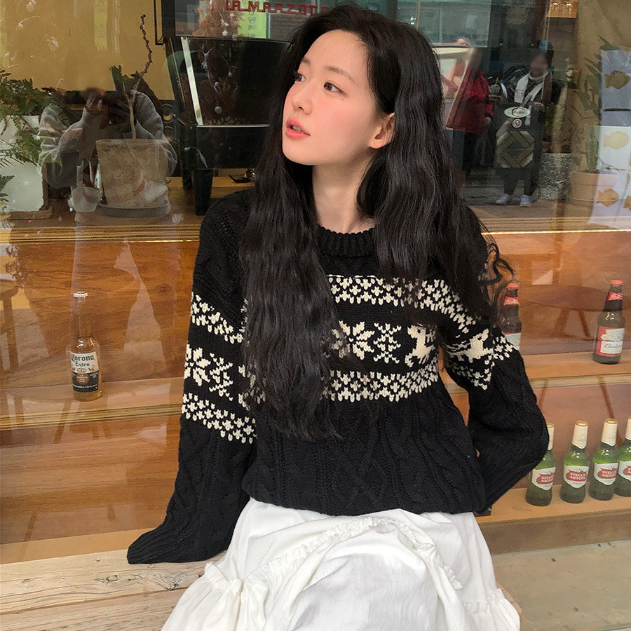 韩国东大门圣诞氛围感小鹿麻花针织衫女复古圆领宽松撞色保暖毛衣