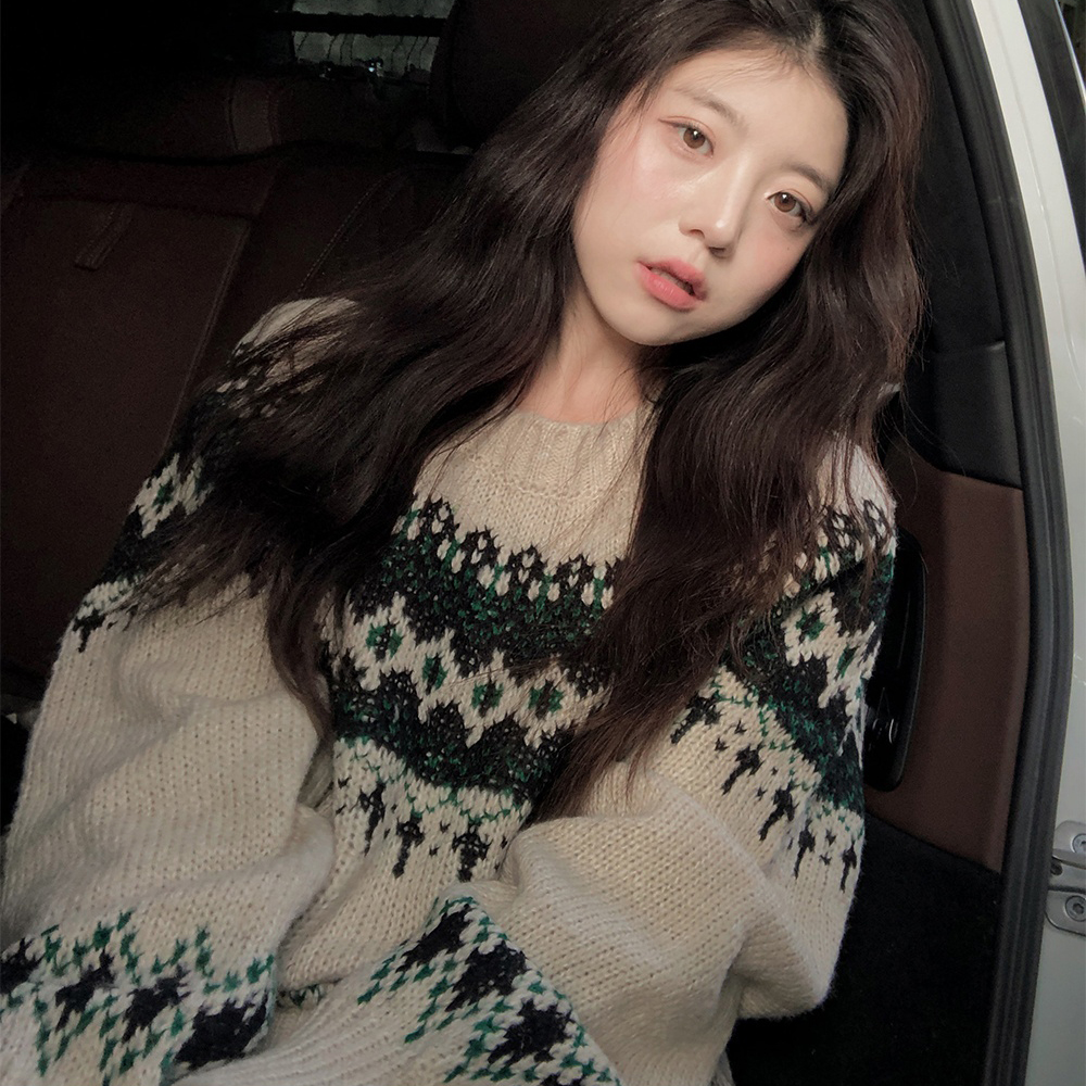 韩国甜美宽松提花针织毛衣