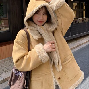 韩国东大门法式复古皮毛一体两面穿翻领中长款皮草外套女配帽子