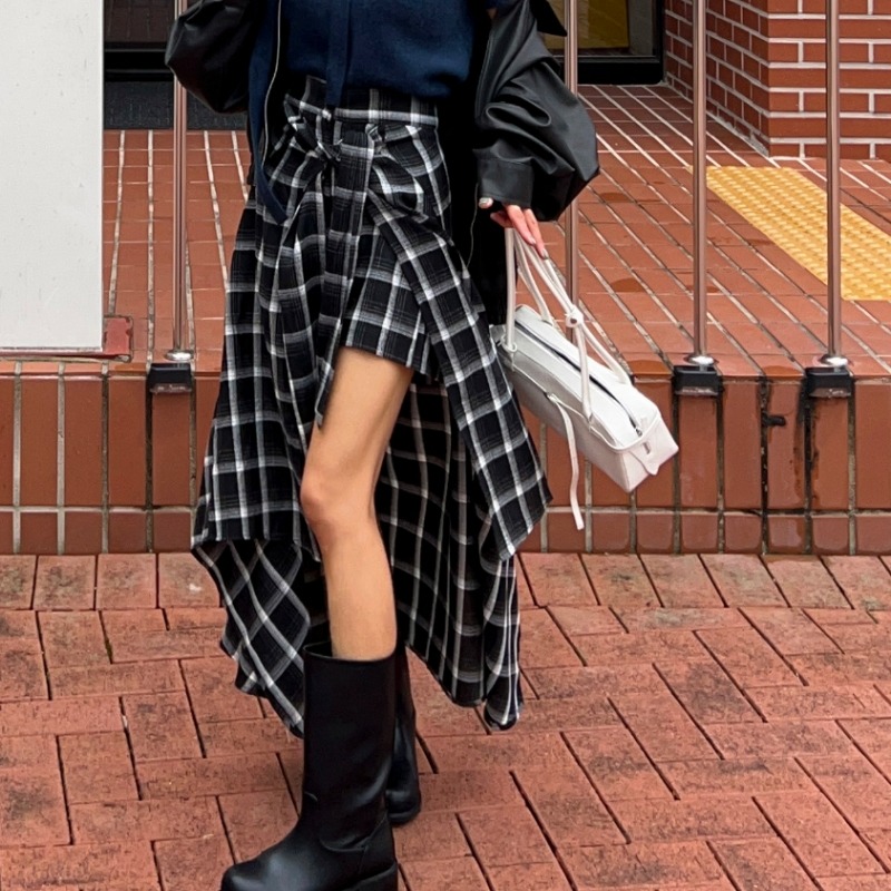 韩国高腰不规则格子半身裙