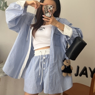 韩国东大门拼色条纹连帽中长款防晒衬衫女+高腰抽绳休闲短裤套装