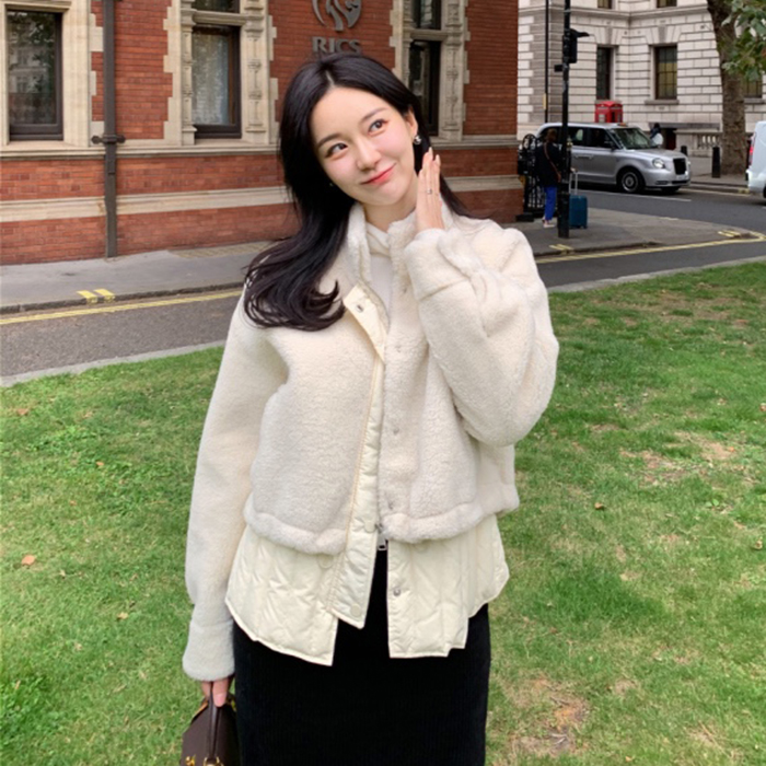 韩国假两件羊羔毛开衫棉服外套