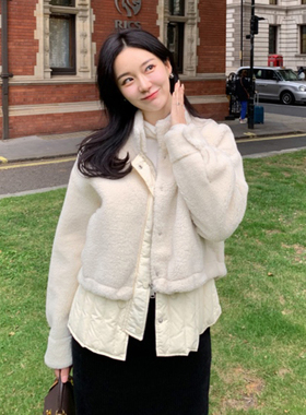 韩国东大门法式假两件羊羔毛宽松抽绳立领百搭开衫保暖棉服外套女