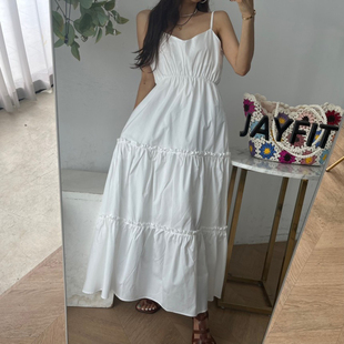 韩国东大门法式气质V领褶皱收腰显瘦木耳边吊带连衣裙大摆a字长裙