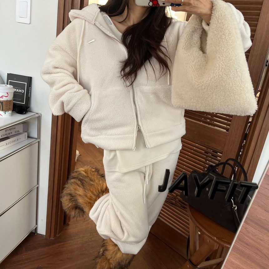 韩国东大门摇粒绒磨毛加绒加厚连帽拉链卫衣外套女+休闲卫裤套装