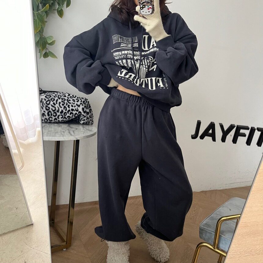 韩国字母印花加绒连帽卫衣卫裤