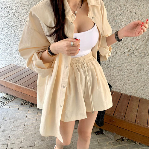 韩国时尚简约亚麻短裤套装女夏