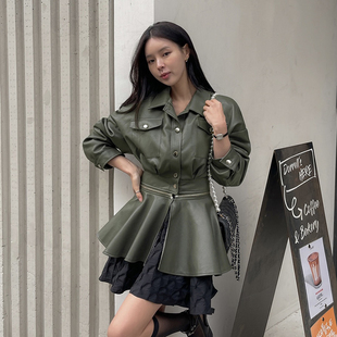韩国东大门个性两穿pu皮衣女设计感拉链可拆卸围摆夹克机车服外套