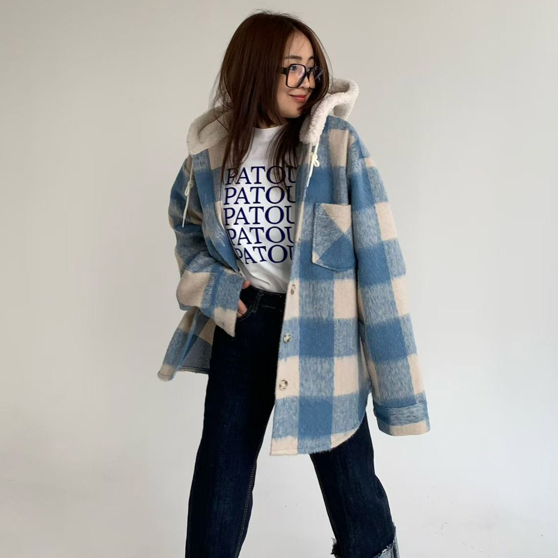 韩国毛绒连帽宽松格子衬衫外套女