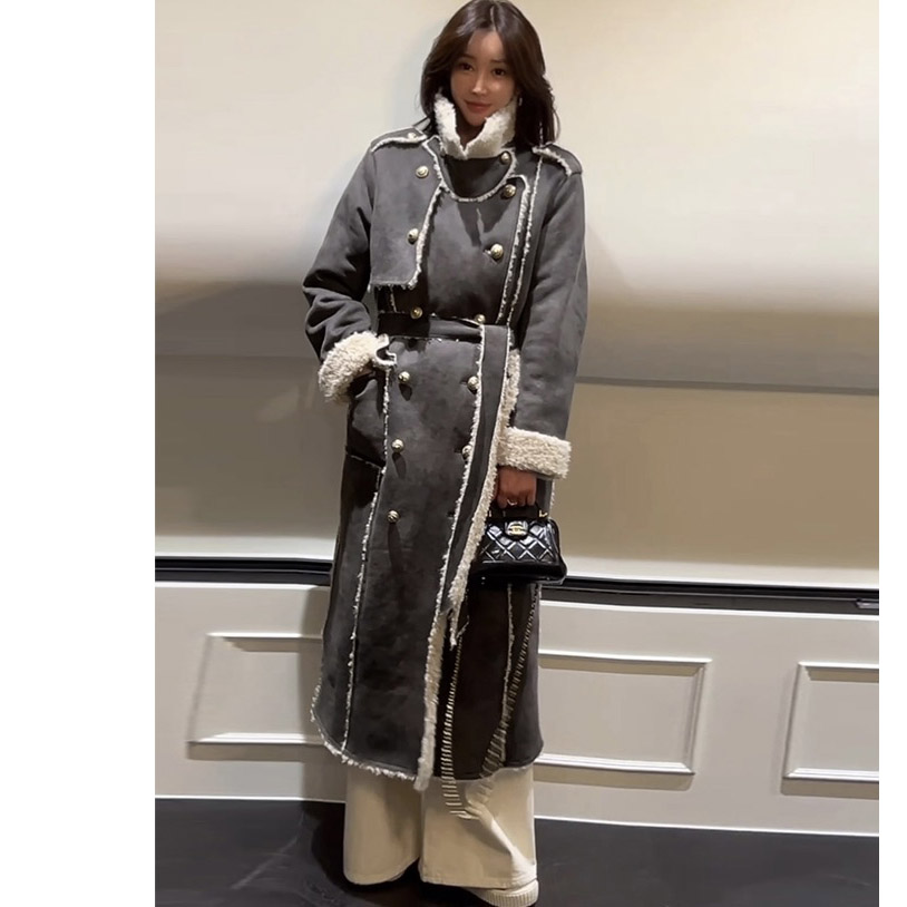 韩国皮毛一体中长款羊羔毛大衣女
