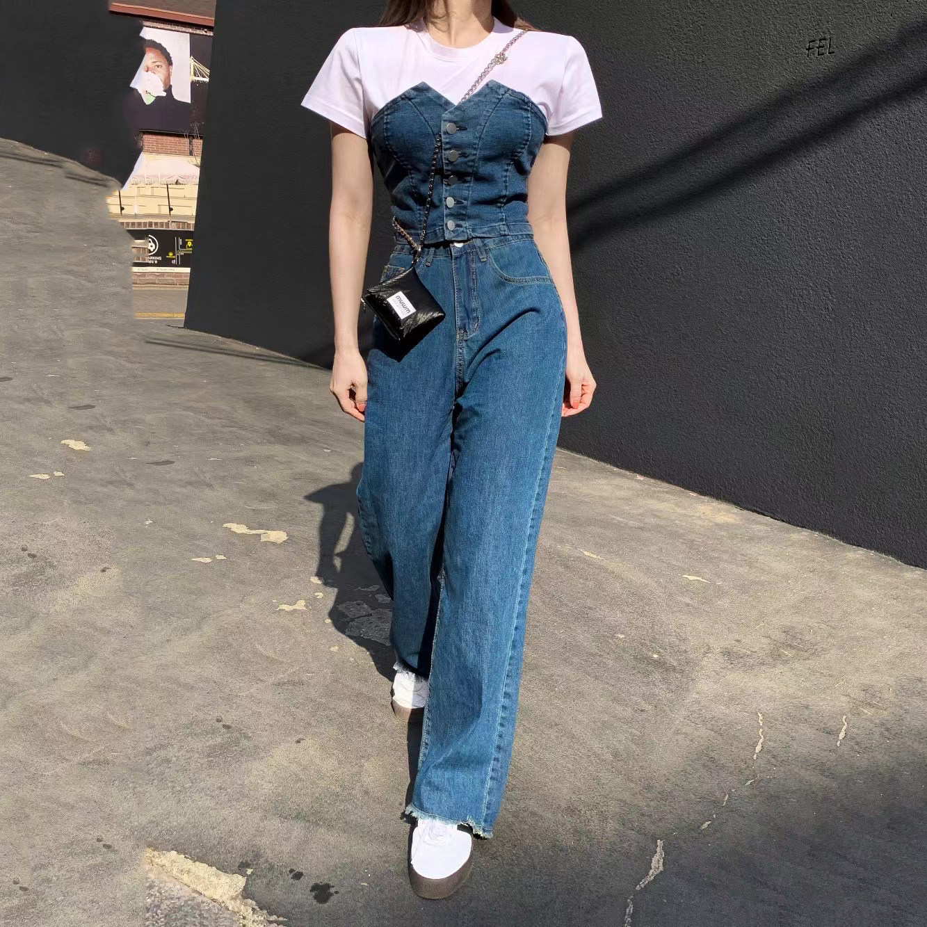 性感牛仔套装女夏韩国东大门设计感抹胸背心高腰拖地牛仔裤两件套