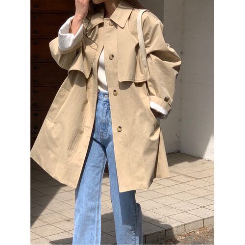 韩国翻领大口袋宽松风衣外套