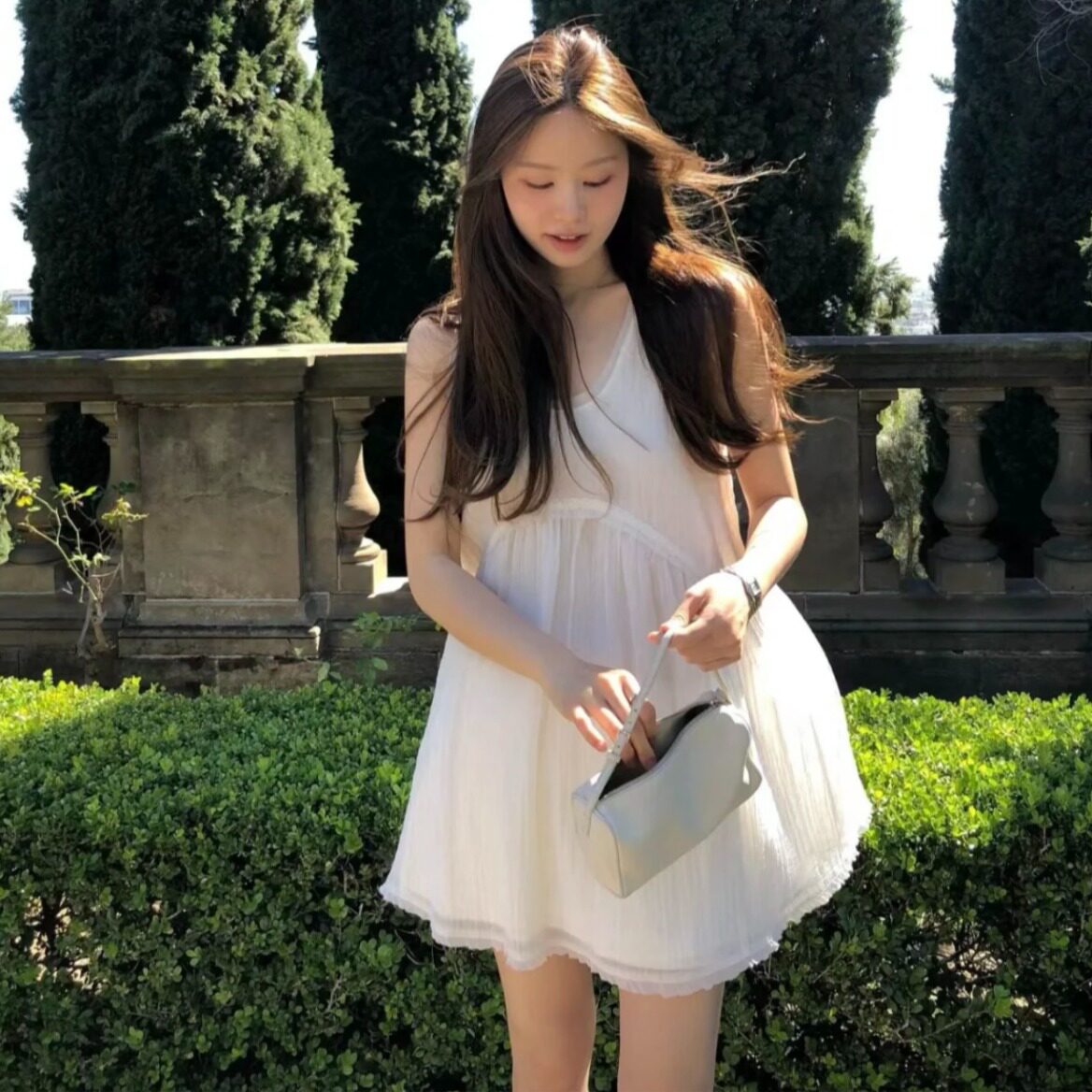 韩国简约花边肌理感背心连衣裙女