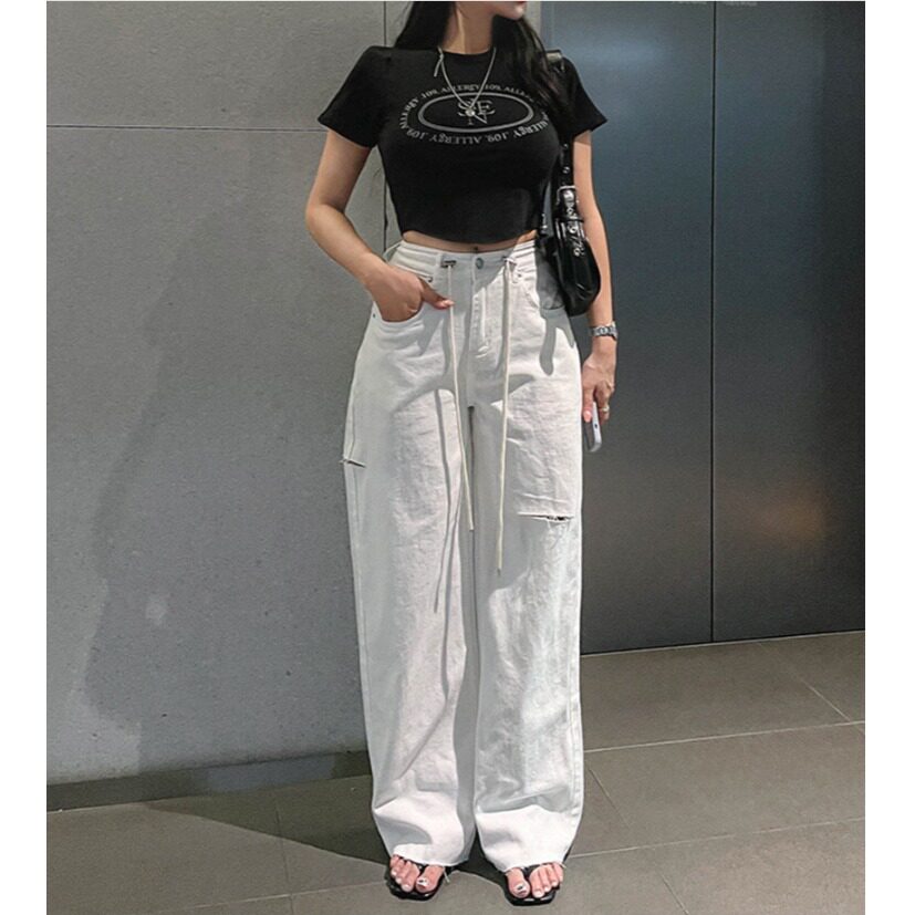 韩国高腰抽绳破洞宽松牛仔裤女
