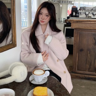 韩国东大门气质优雅甜美双排扣圈圈毛中长款百搭长袖毛呢外套大衣