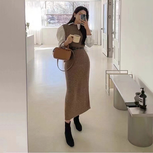 韩国东大门2025秋装新款不规则长袖白色衬衫女+针织背心裙两件套