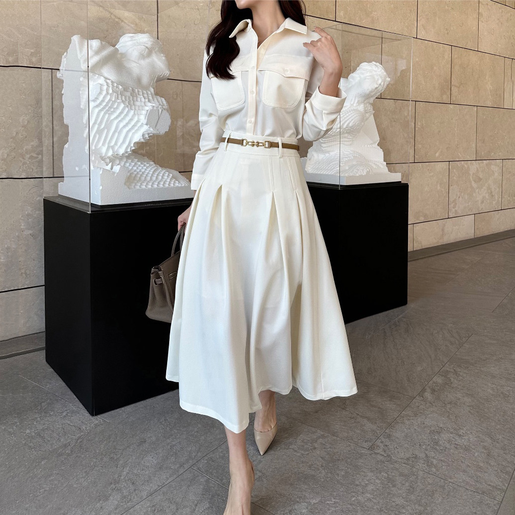 韩国东大门2024春装翻领系扣口袋宽松衬衫女+褶皱伞摆半身裙套装