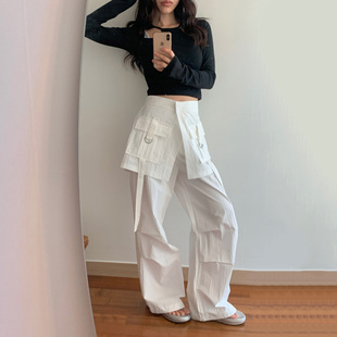 韩国东大门设计感百搭洋气大口袋假两件工装风宽松休闲裤裙裤女