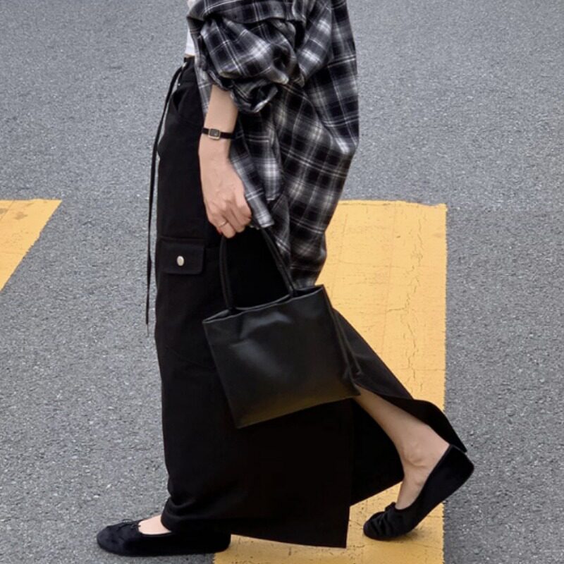 韩国松紧腰抽绳开叉半身裙