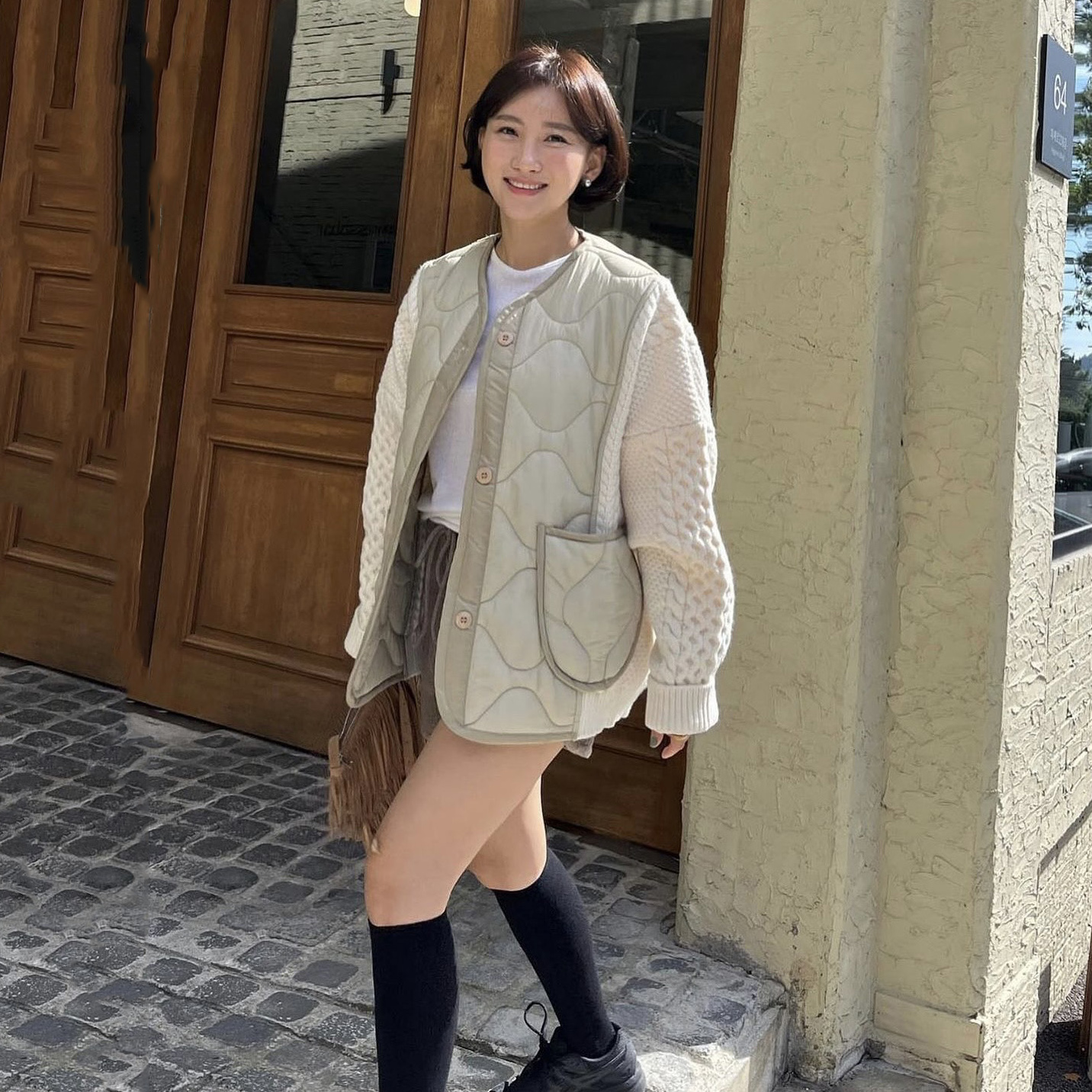 韩国东大门2024秋冬复古洋气个性毛衣拼接宽松保暖棉服休闲外套女