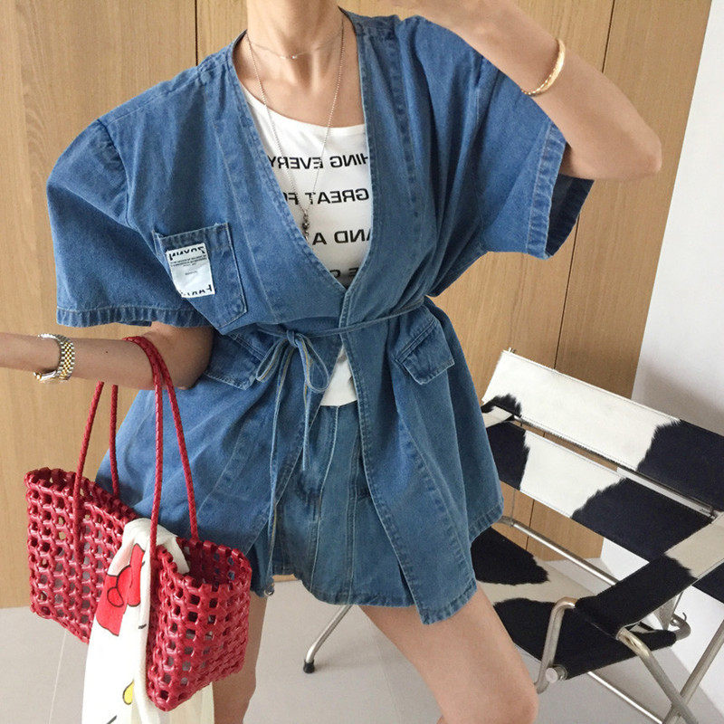 韩国复古宽松开叉牛仔衬衫