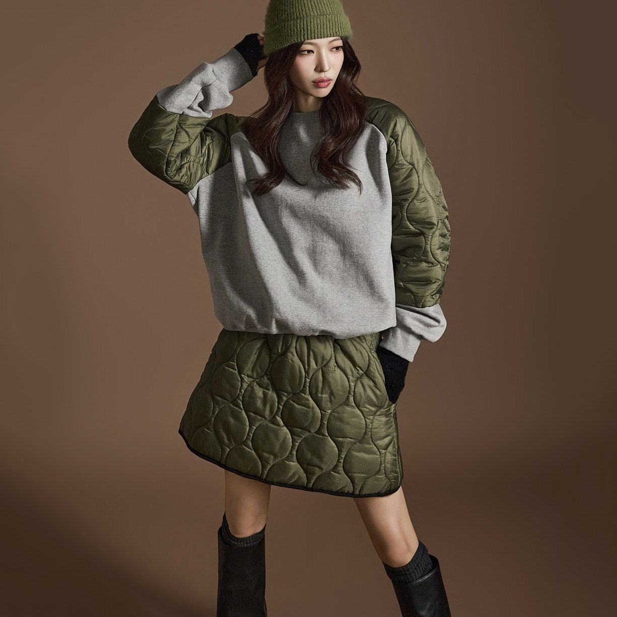 韩国东大门个性撞色拼接菱格夹棉卫衣女+松紧腰a字半身短裙套装