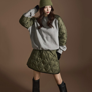 韩国东大门个性撞色拼接菱格夹棉卫衣女+松紧腰a字半身短裙套装