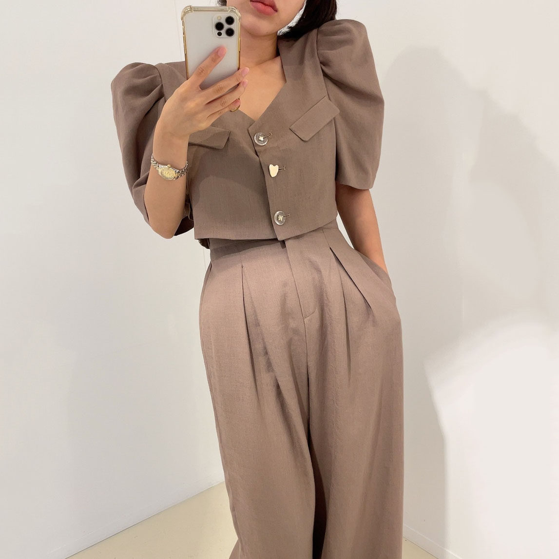 韩国东大门高级感气质泡泡袖小西装外套女+松紧腰阔腿休闲裤套装