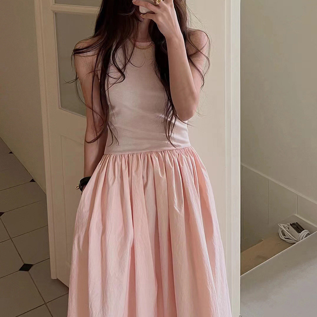 韩国东大门气质圆领收腰拼接褶皱无袖背心连衣裙女蓬蓬A字大摆裙