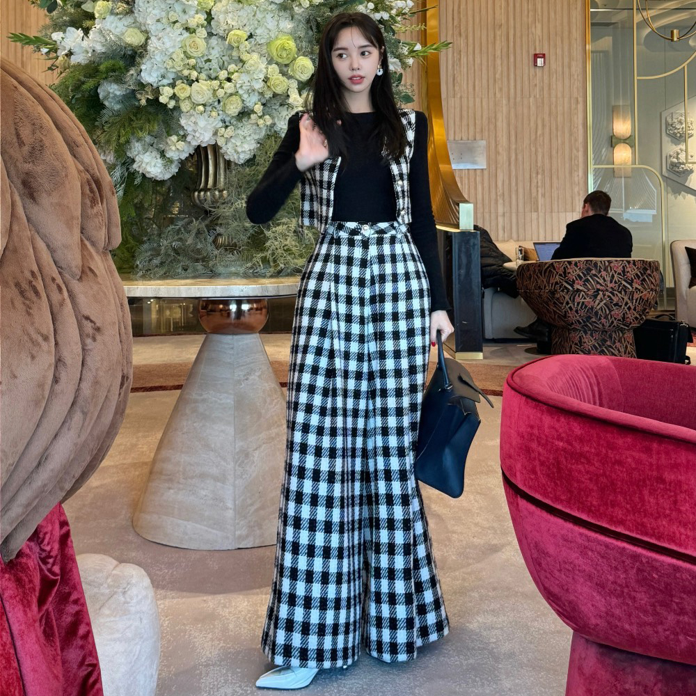 韩国格子短款马甲休闲裤套装