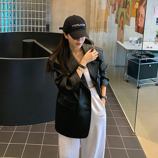 韩国东大门2024秋冬新款个性黑色PU皮翻领中长款皮衣西装外套女