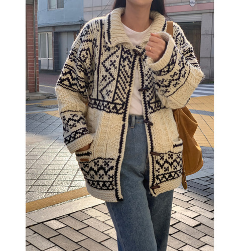 韩国复古小翻领撞色提花毛衣外套