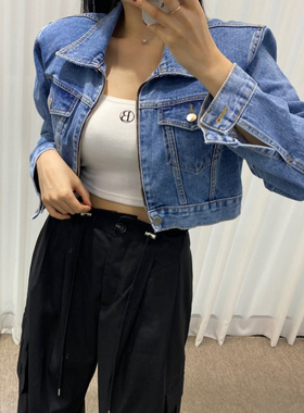 韩国东大门2025春装设计感气质复古拉链垫肩短款牛仔外套女夹克