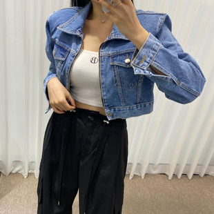 韩国东大门2025春装设计感气质复古拉链垫肩短款牛仔外套女夹克