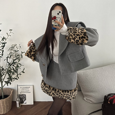 韩国豹纹毛毛拼色毛呢外套半身裙