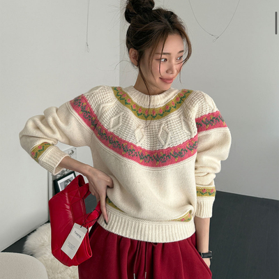 韩国撞色提花宽松套头针织毛衣