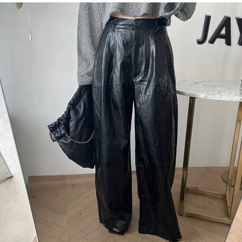 韩国黑色PU皮裤子垂感阔腿