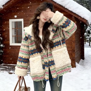韩国东大门两面穿复古连帽几何提花仿羊羔毛加厚保暖大衣外套女