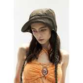 九伍公园 棕绿色水洗牛仔撞钉麻花辫可两面戴工装 渔夫遮阳帽帽子