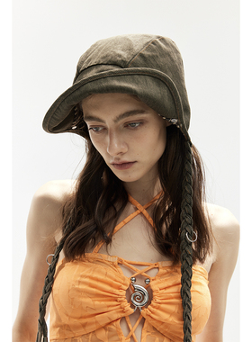 九伍公园 棕绿色水洗牛仔撞钉麻花辫可两面戴工装渔夫遮阳帽帽子