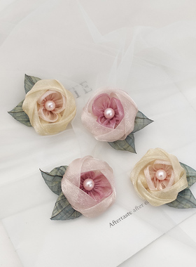 3色入立体手工绢纱双层花朵绿叶鞋服装饰辅料DIY材料胸花包包配件